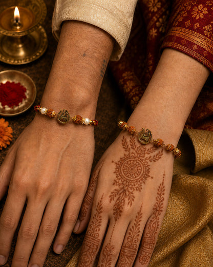 Omika Rudraksh Bhaiya Bhabhi Rakhi Bracelet Set | Tilak Set Included