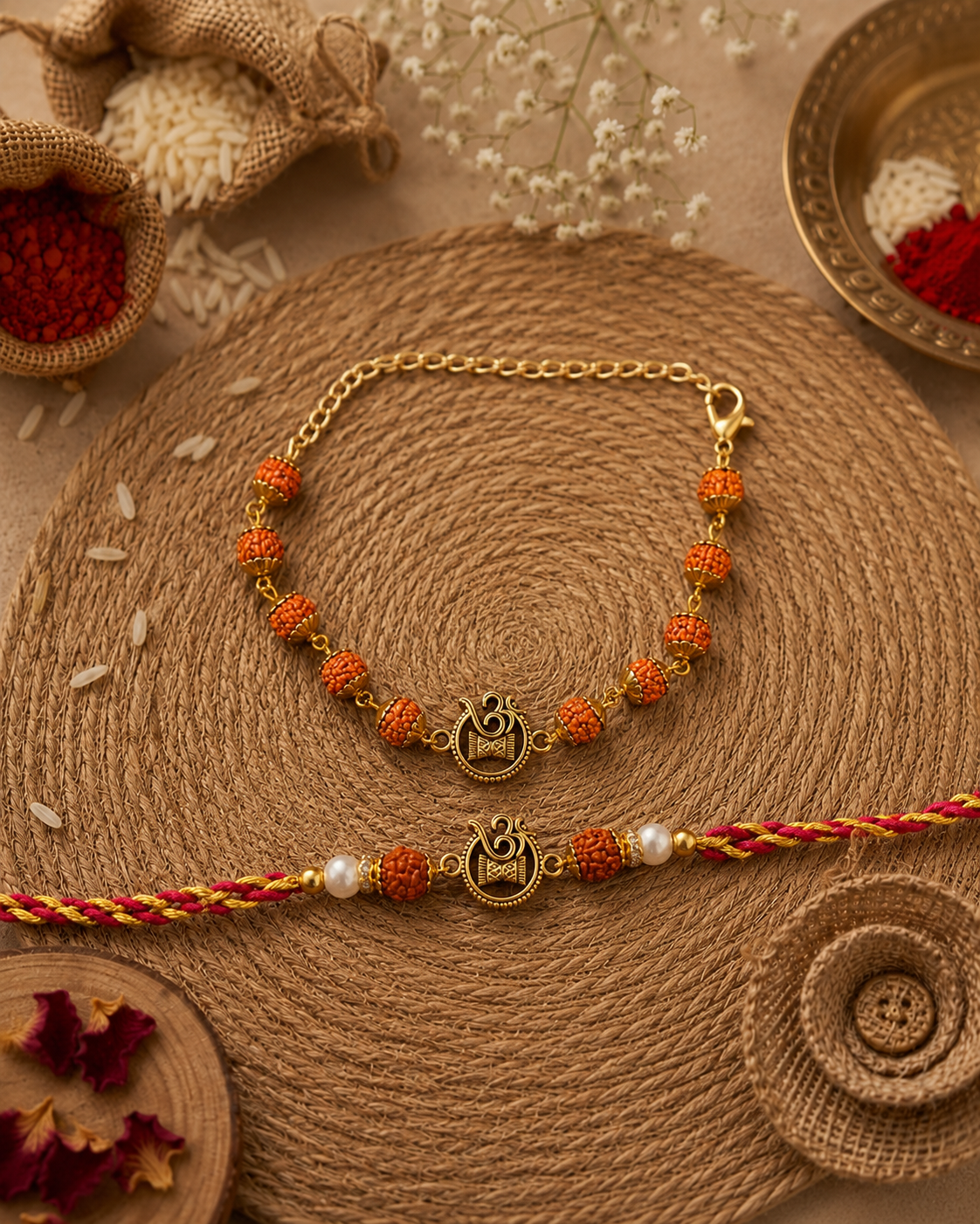 Omika Rudraksh Bhaiya Bhabhi Rakhi Bracelet Set | Tilak Set Included