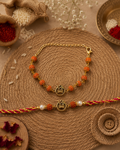 Omika Rudraksh Bhaiya Bhabhi Rakhi Bracelet Set | Tilak Set Included