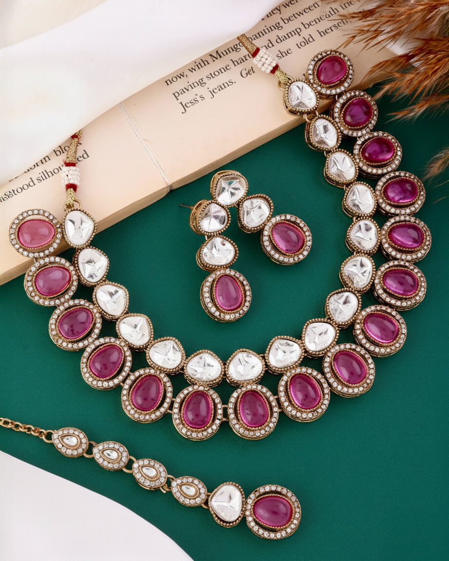 Onion Arshiya Premium Polki Dupe Necklace with Earring and Teeka