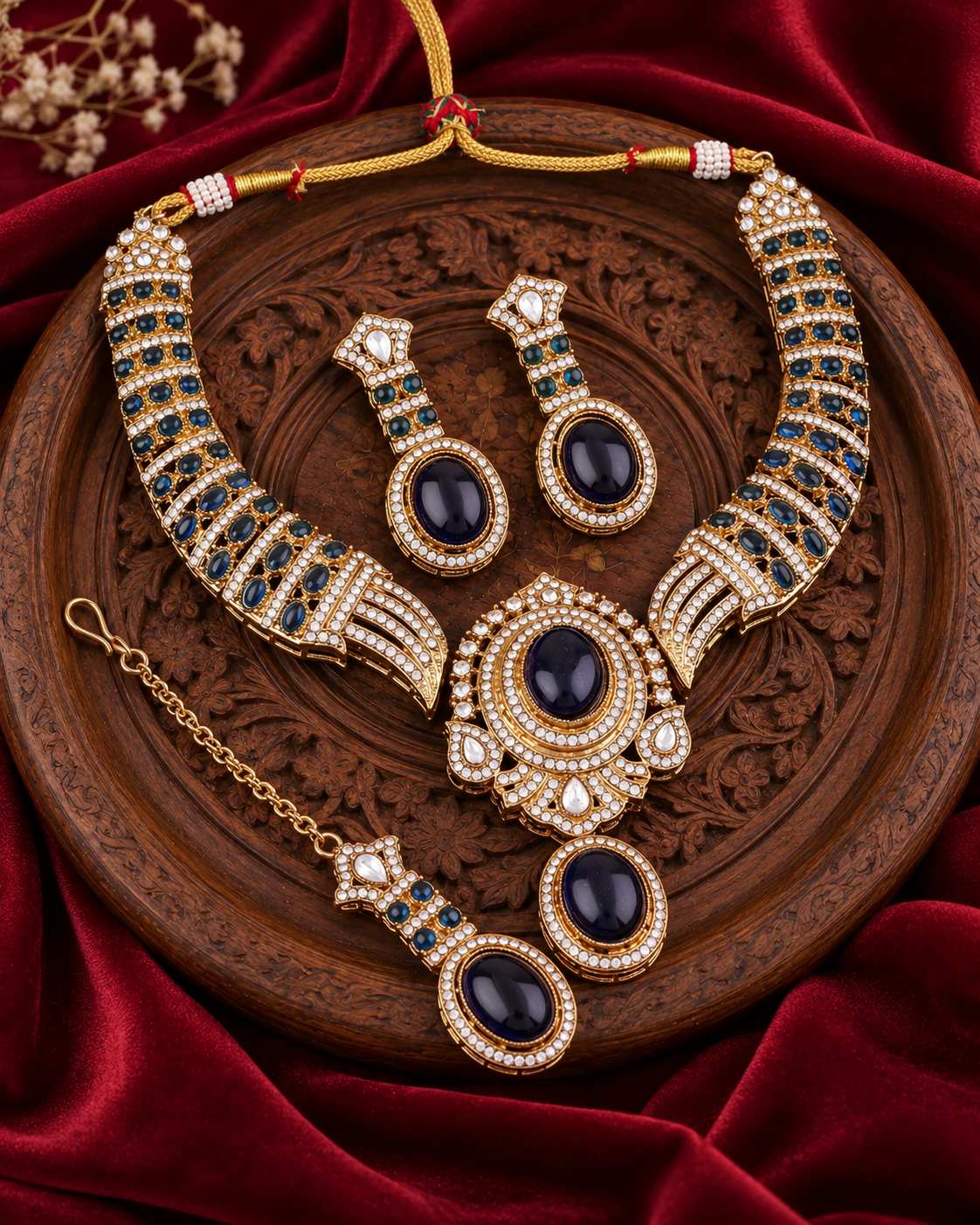 Blue Saumili Premium Sabya Inspired Necklace Set with Earring & Teeka
