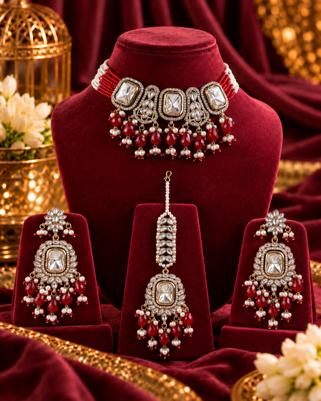 Red Vrishtika Premium Polki Dupe Choker Necklace With Earring & Teeka