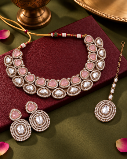 Blush Rajnivanshi Premium Polki Dupe Necklace with Earring and Teeka