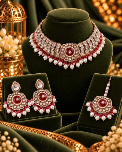 Red Saadika Premium Sabya Inspired Monalisa Necklace Set with Earring & Teeka