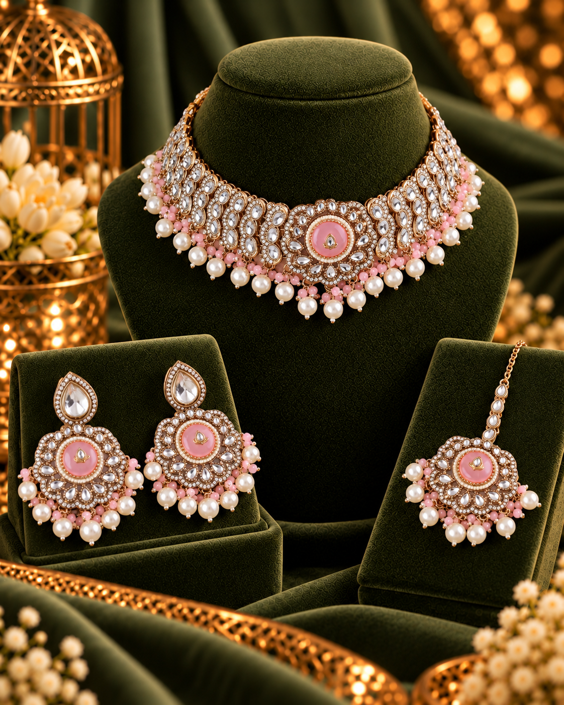 Blush Saadika Premium Sabya Inspired Monalisa Necklace Set with Earring & Teeka