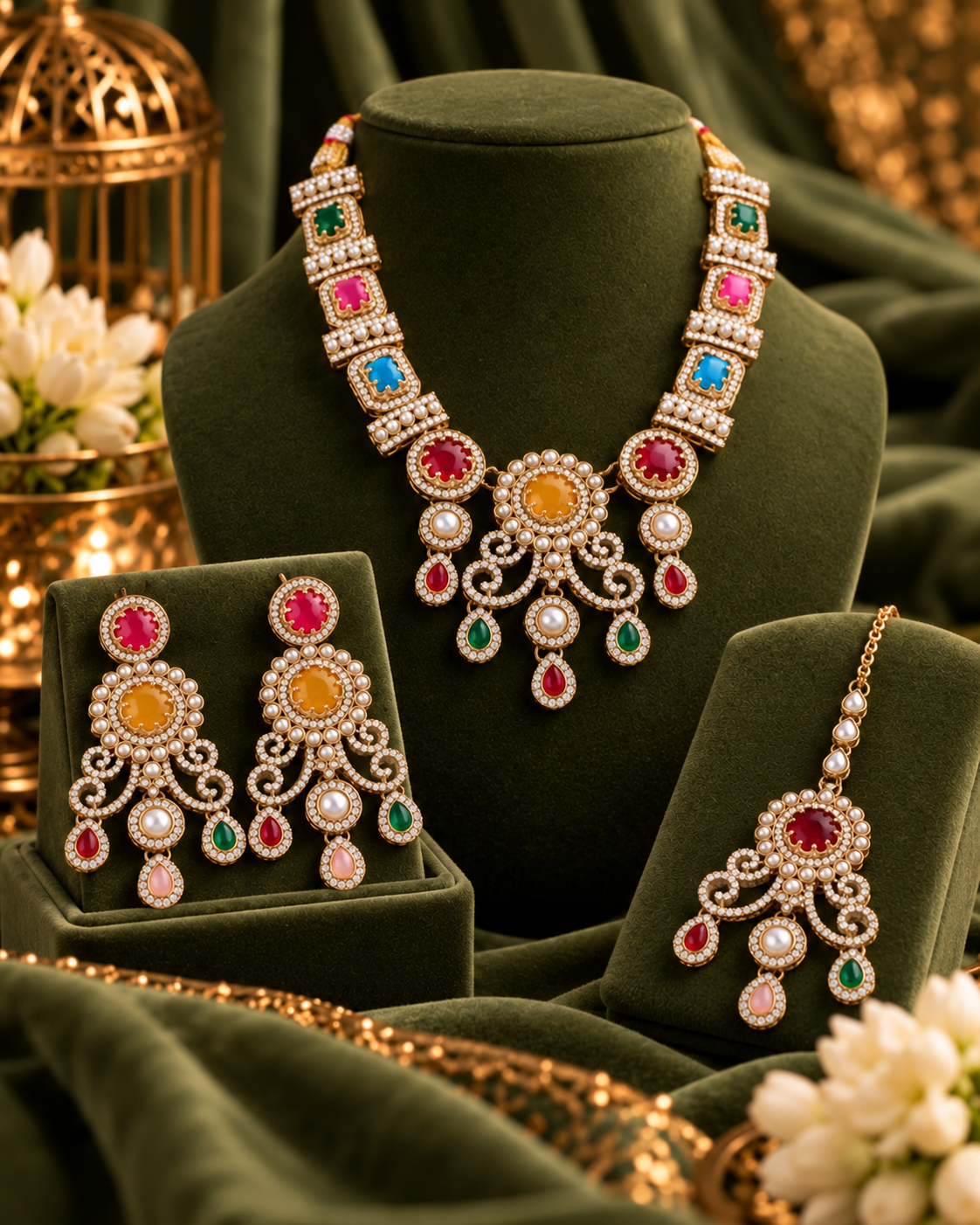 Multi Kanaklata Premium Sabya Inspired Necklace Set with Earring & Teeka