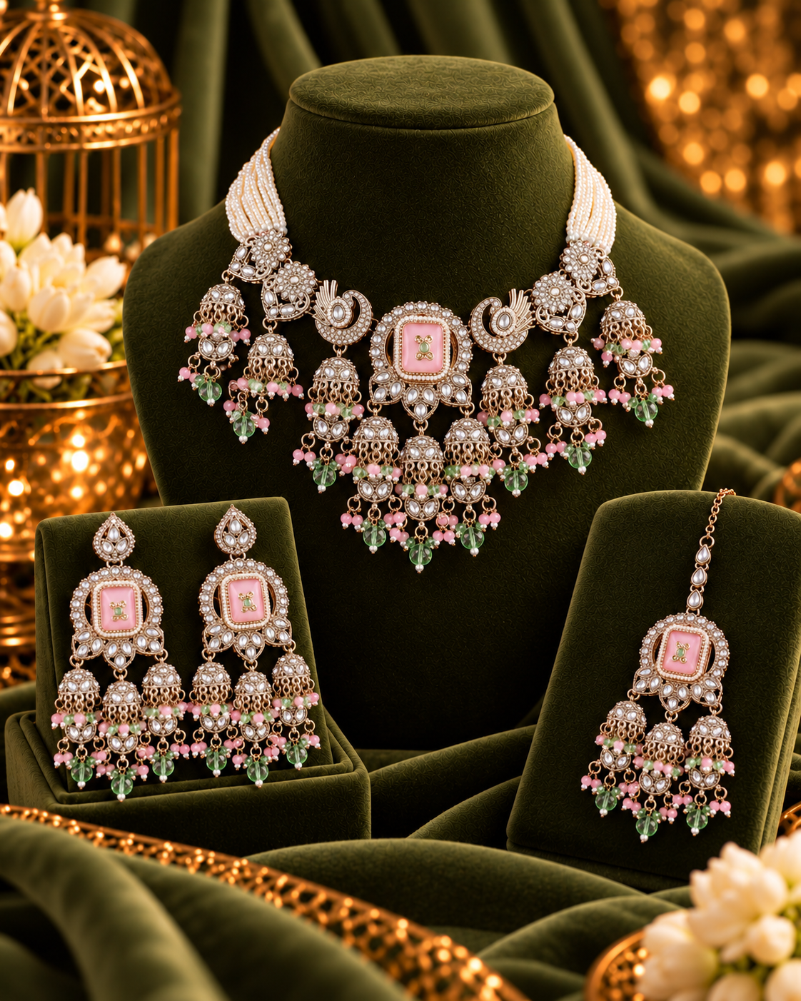 Blush Pastel Ruhisha Premium Sabya Inspired Monalisa Necklace Set with Earring & Teeka