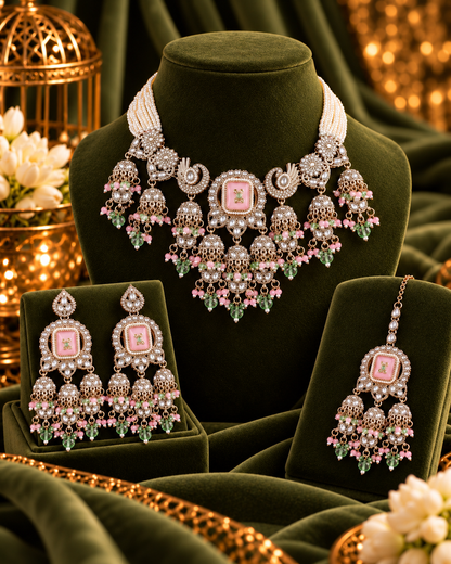Blush Pastel Ruhisha Premium Sabya Inspired Monalisa Necklace Set with Earring & Teeka