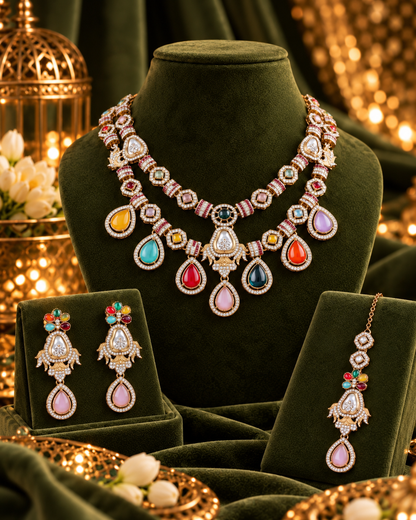 Blush Multi Amrita Premium Sabya Inspired Necklace Set with Earring & Teeka
