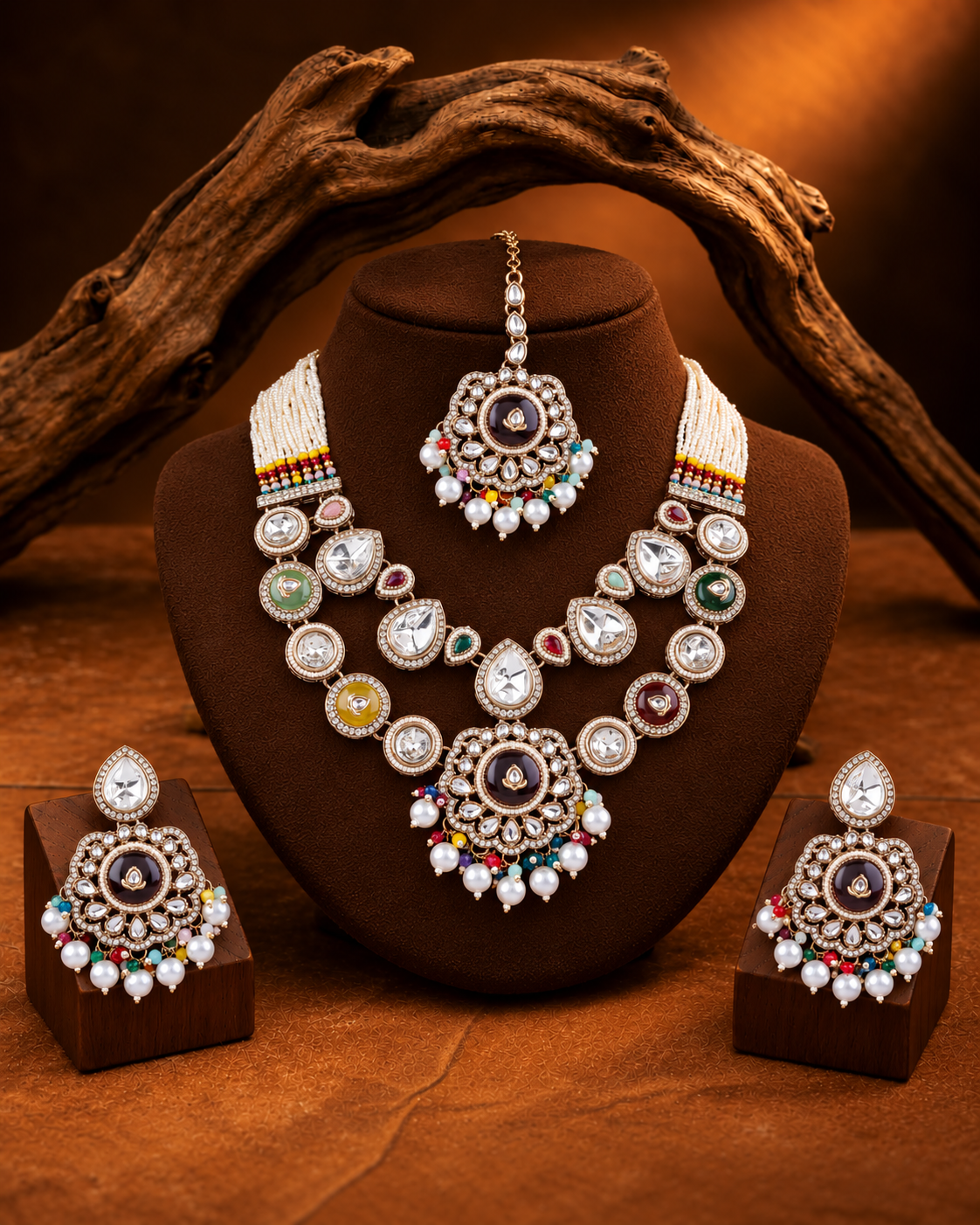 Multi Aaralika Premium Sabya Inspired Monalisa Necklace Set with Earring & Teeka