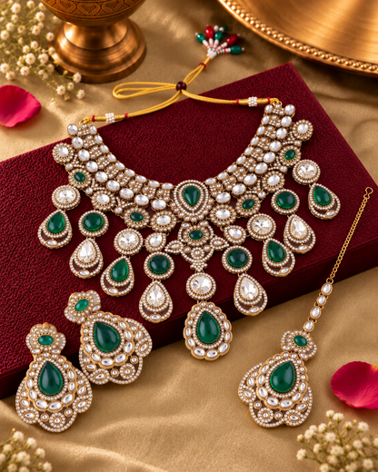 Green Nimishu Premium Polki Dupe Necklace Set with Earring & Mangteeka
