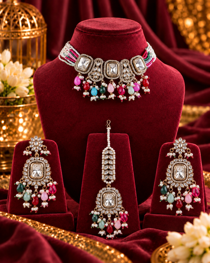 Multi Vrishtika Premium Polki Dupe Choker Necklace With Earring & Teeka