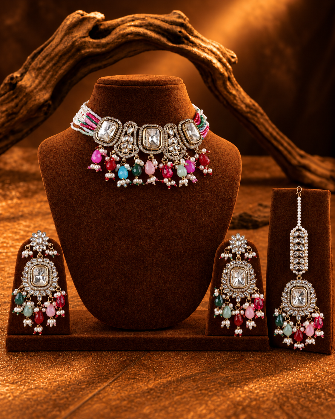 Multi Vrishtika Premium Polki Dupe Choker Necklace With Earring & Teeka