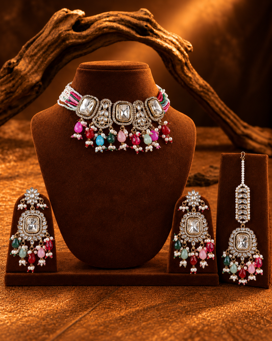 Multi Vrishtika Premium Polki Dupe Choker Necklace With Earring & Teeka