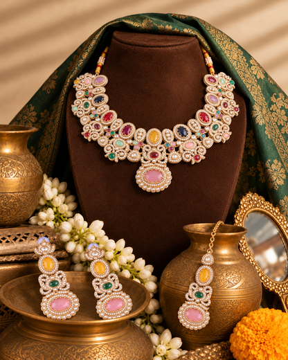 Multi Arshana Premium Sabya Inspired Necklace Set with Earring & Teeka