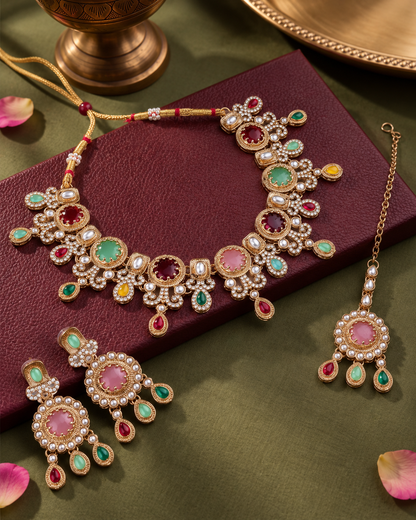 Multi Aavriti Premium Sabya Inspired Necklace Set with Earring & Teeka