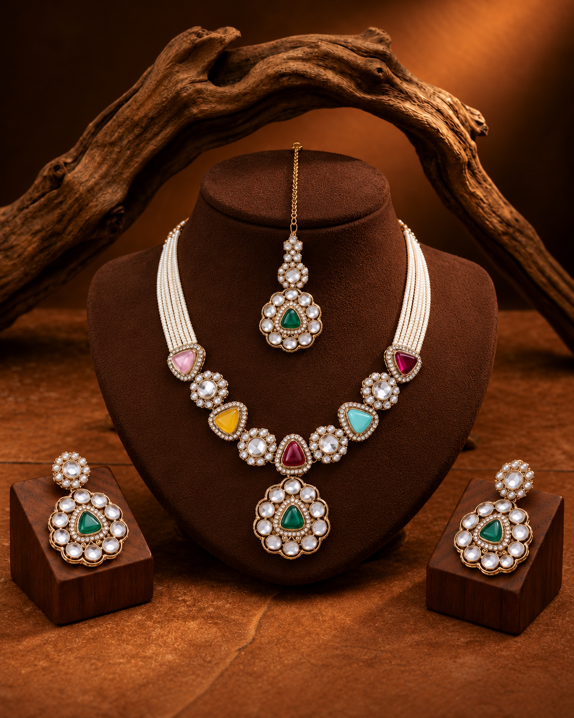 Multi Jasneet Premium Zircone Polki Dupe Necklace Set With Earrings & Teeka