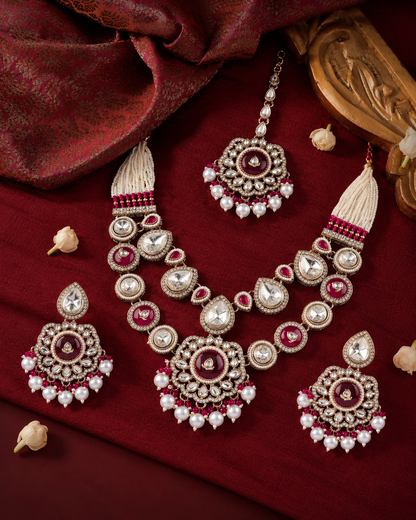 Raani Pink Aaralika Premium Sabya Inspired Monalisa Necklace Set with Earring & Teeka