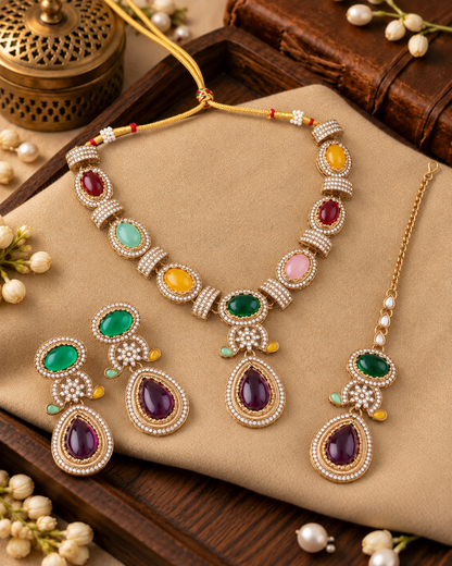 Multi Aroshika Premium Sabya Inspired Necklace Set with Earring & Teeka