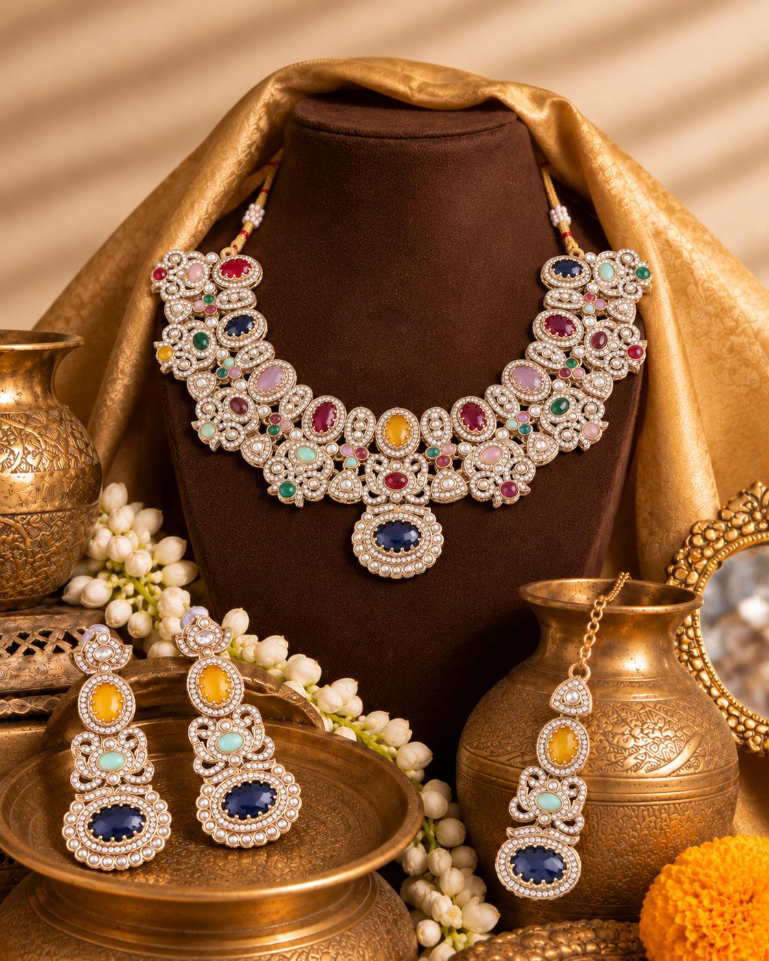 Multi Arshana Premium Sabya Inspired Necklace Set with Earring & Teeka