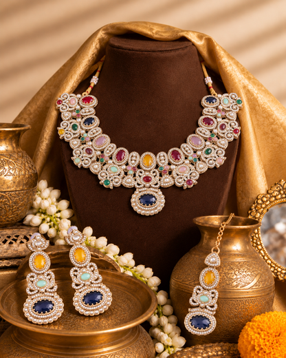 Multi Arshana Premium Sabya Inspired Necklace Set with Earring & Teeka