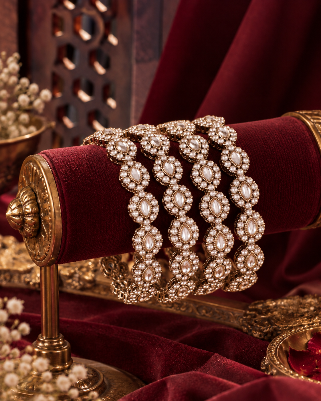 White Asees Zircone Kundan Bangle - Pack of 4