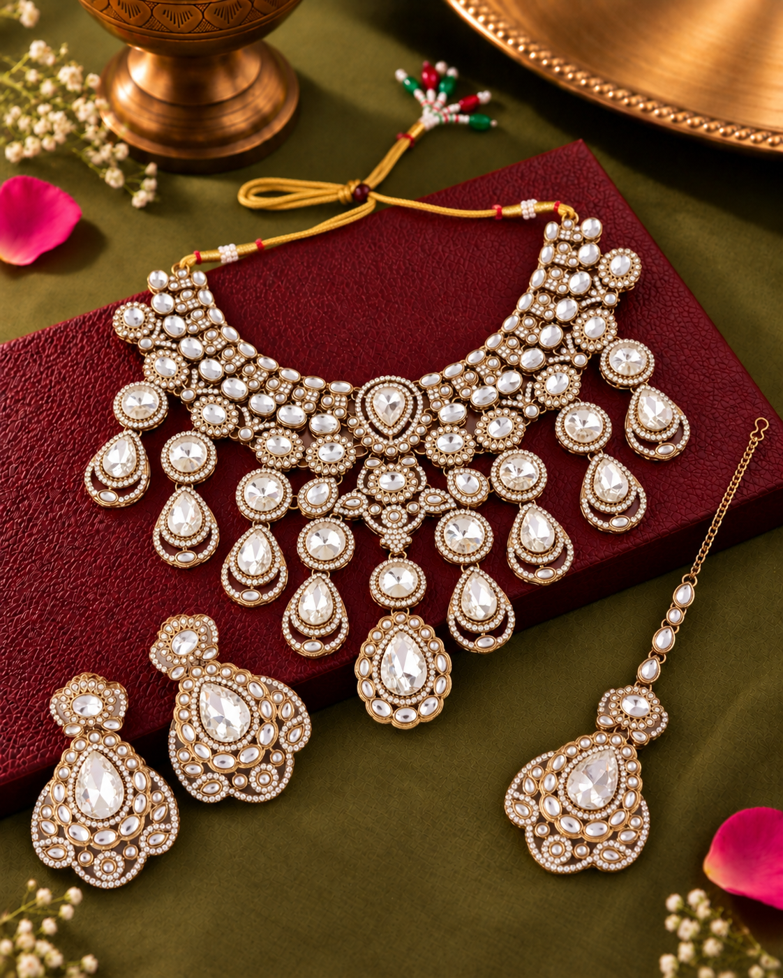 White Nimishu Premium Polki Dupe Necklace Set with Earring & Mangteeka