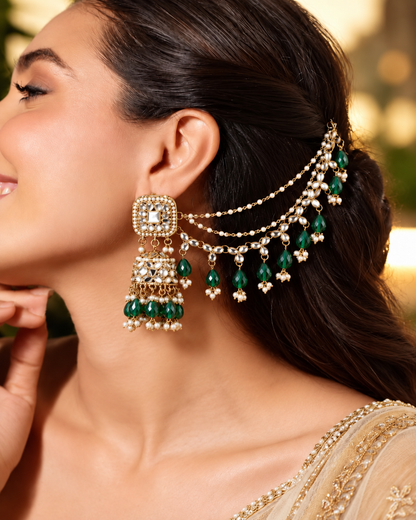 Green Aayat Bahubali Jhumka with Statement Kaan Chain and Teeka