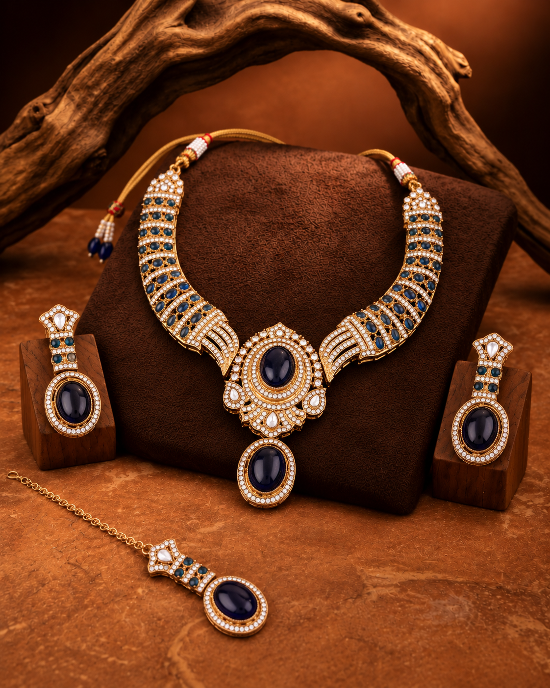 Blue Saumili Premium Sabya Inspired Necklace Set with Earring & Teeka
