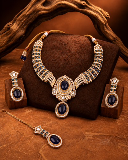 Blue Saumili Premium Sabya Inspired Necklace Set with Earring & Teeka