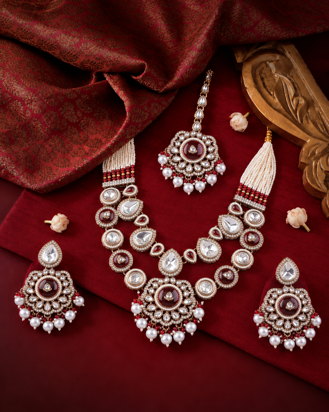 Ruby Aaralika Premium Sabya Inspired Monalisa Necklace Set with Earring & Teeka