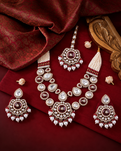Ruby Aaralika Premium Sabya Inspired Monalisa Necklace Set with Earring & Teeka