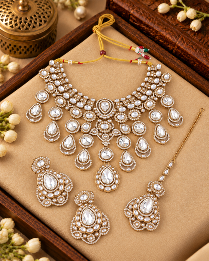 White Nimishu Premium Polki Dupe Necklace Set with Earring & Mangteeka