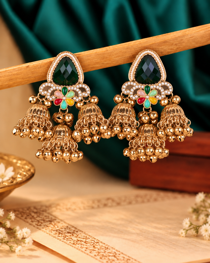 Green Yuvanshika Kashmiri Look Ghunghru Jhumki Earring