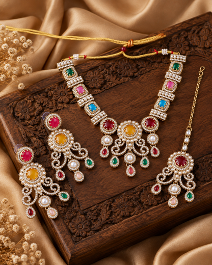 Multi Kanaklata Premium Sabya Inspired Necklace Set with Earring & Teeka