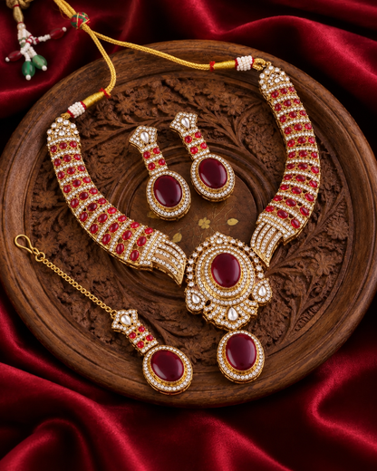 Maroon Saumili Premium Sabya Inspired Necklace Set with Earring & Teeka