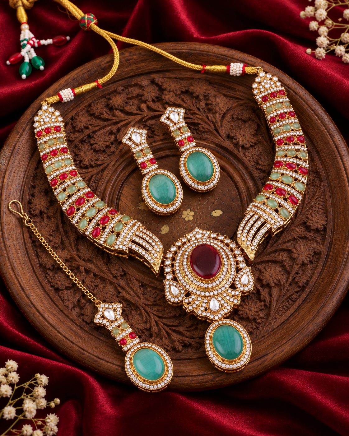Ruby Mint Saumili Premium Sabya Inspired Necklace Set with Earring & Teeka