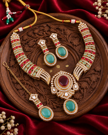 Ruby Mint Saumili Premium Sabya Inspired Necklace Set with Earring & Teeka