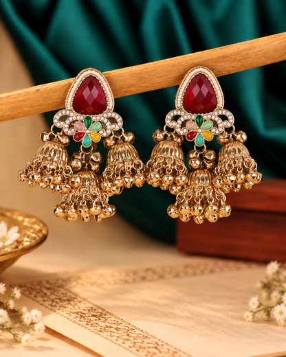 Red Yuvanshika Kashmiri Look Ghunghru Jhumki Earring