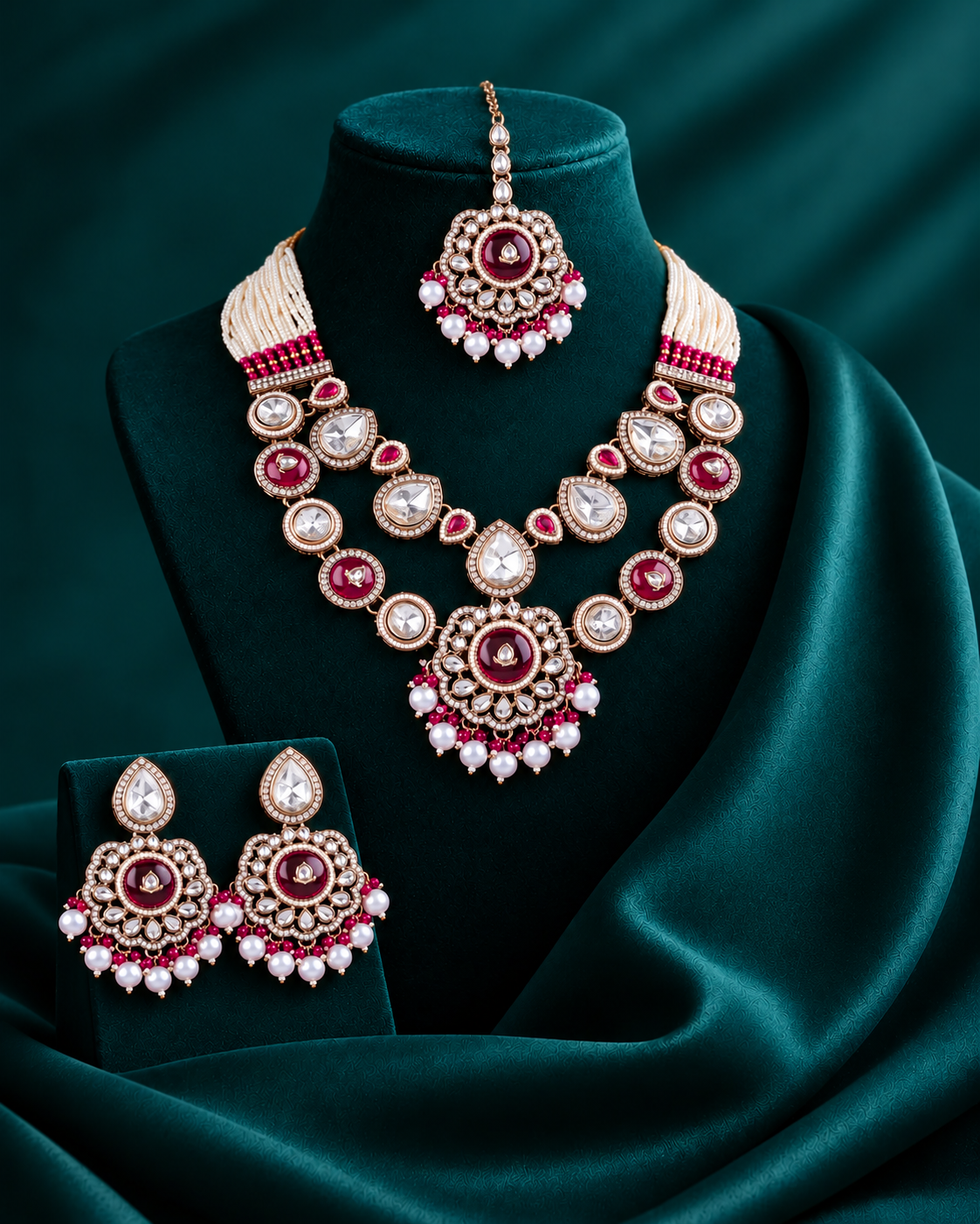 Raani Pink Aaralika Premium Sabya Inspired Monalisa Necklace Set with Earring & Teeka