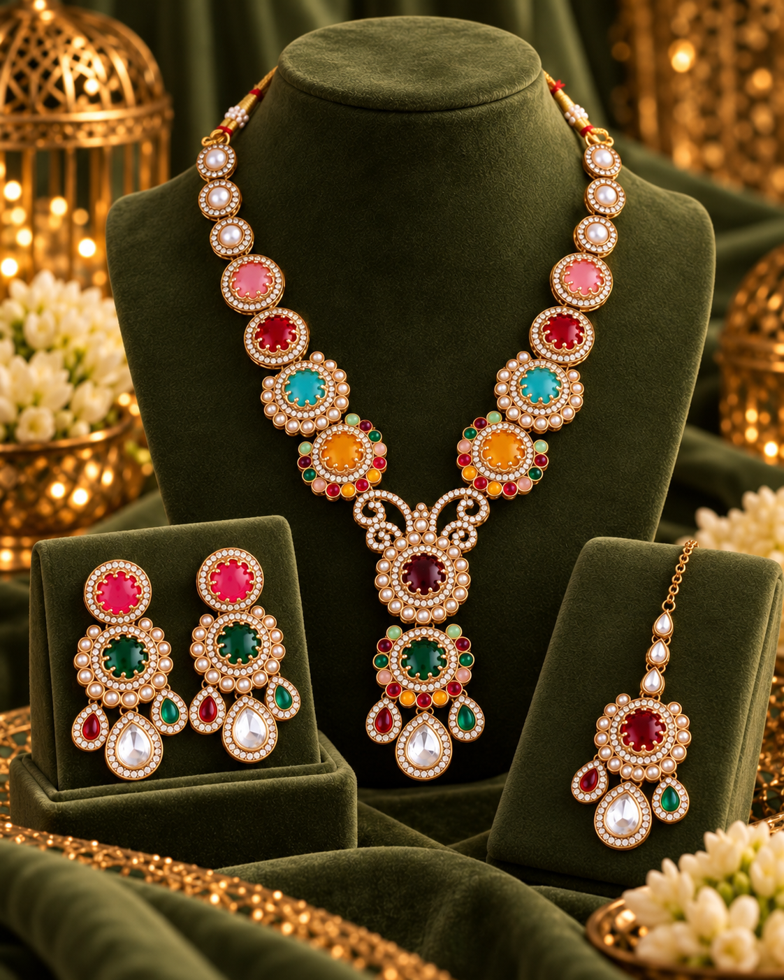 Multi Suvarnika Premium Sabya Inspired Necklace Set with Earring & Teeka