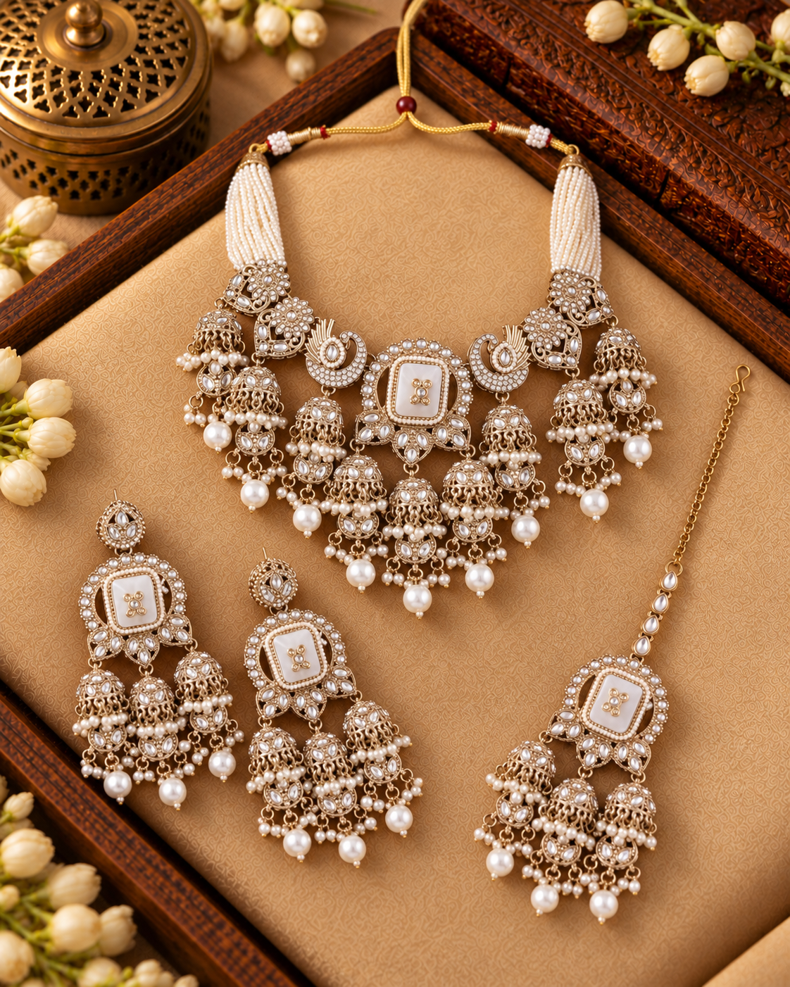 Ivory Ruhisha Premium Sabya Inspired Monalisa Necklace Set with Earring & Teeka