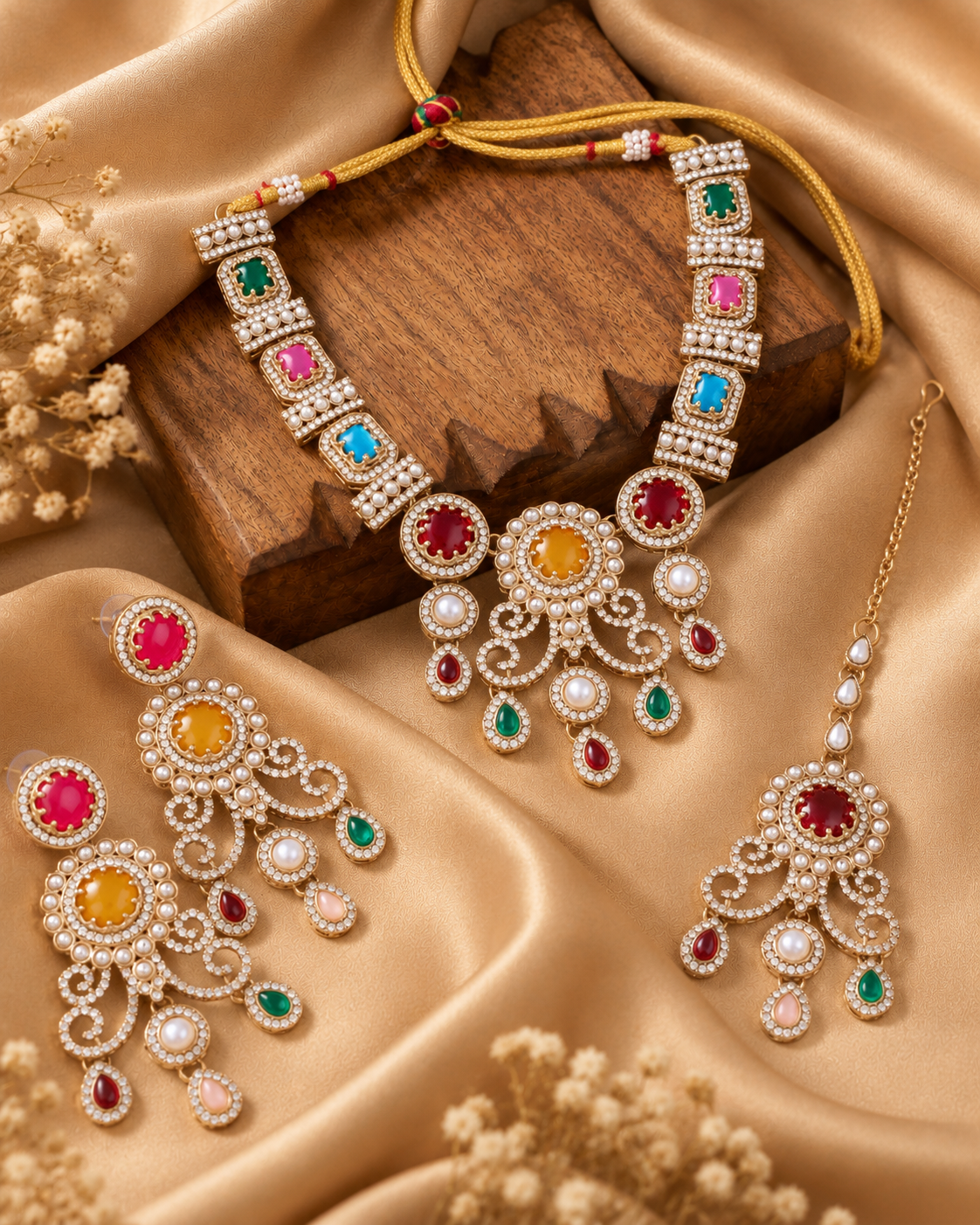 Multi Kanaklata Premium Sabya Inspired Necklace Set with Earring & Teeka