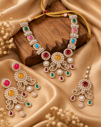 Multi Kanaklata Premium Sabya Inspired Necklace Set with Earring & Teeka