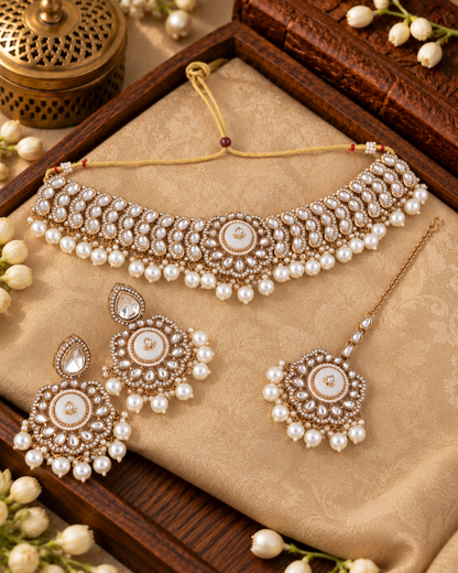 Ivory Saadika Premium Sabya Inspired Monalisa Necklace Set with Earring & Teeka