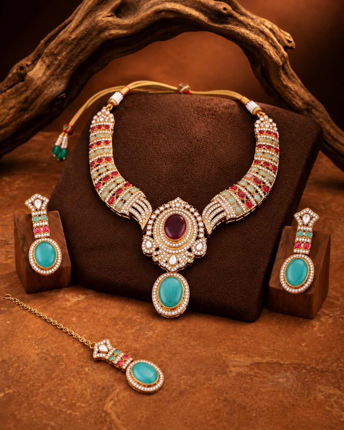 Ruby Mint Saumili Premium Sabya Inspired Necklace Set with Earring & Teeka