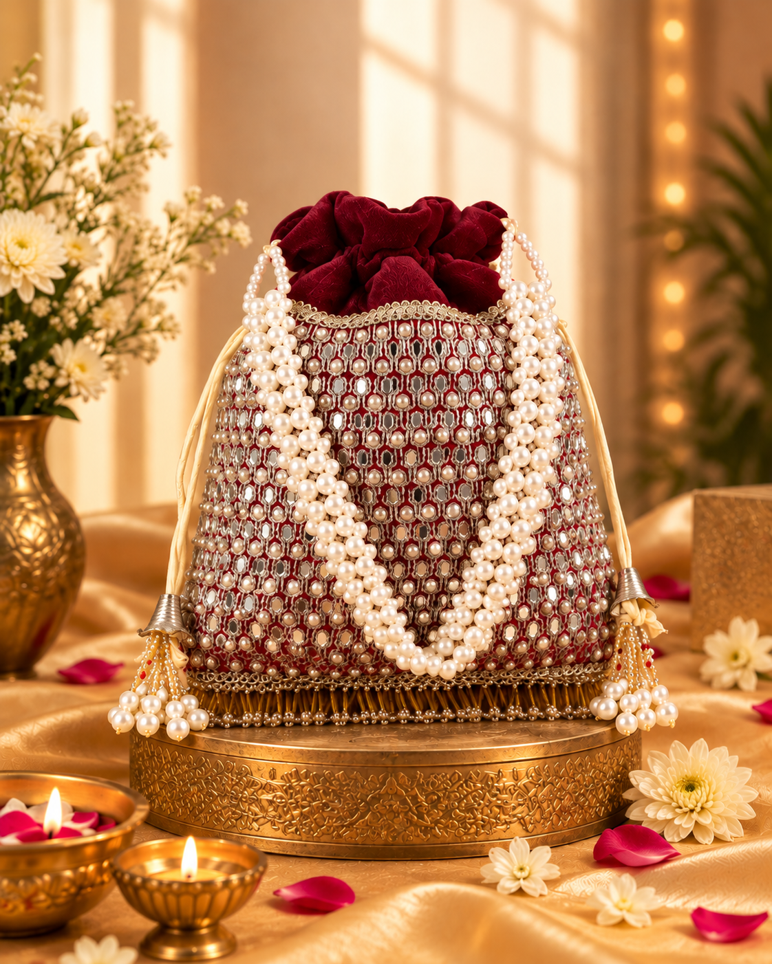 Maroon Aarshita Ethnic Mirror Pearl Batua Bag