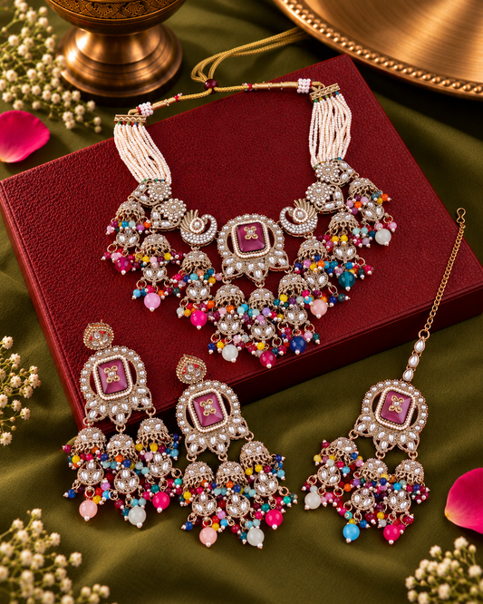 Multi Ruhisha Premium Sabya Inspired Monalisa Necklace Set with Earring & Teeka