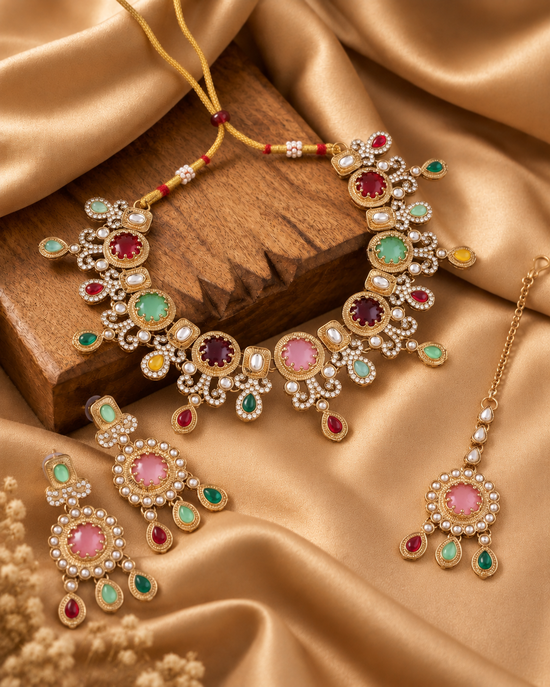 Multi Aavriti Premium Sabya Inspired Necklace Set with Earring & Teeka