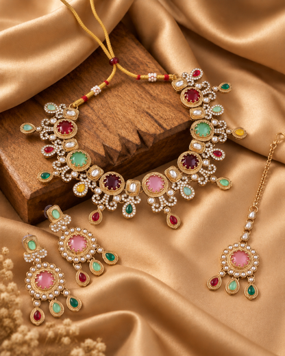 Multi Aavriti Premium Sabya Inspired Necklace Set with Earring & Teeka
